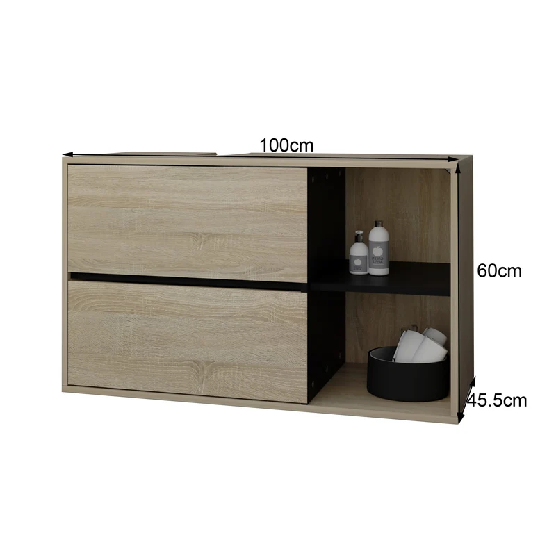 B-Ware Waschbeckenunterschrank Badezimmerschrank 100x60x45,5 cm mit 2 Schubladen und Ablagen in Braun/Schwarz ML-Design
