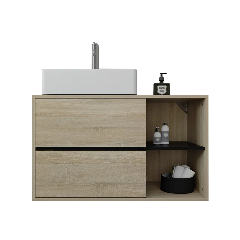 B-Ware Waschbeckenunterschrank Badezimmerschrank 100x60x45,5 cm mit 2 Schubladen und Ablagen in Braun/Schwarz ML-Design
