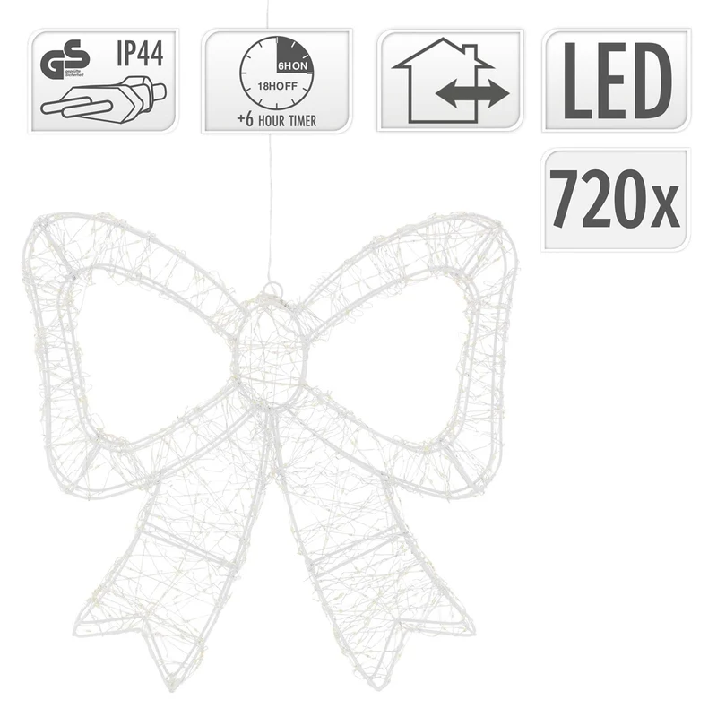 ECD Germany | LED Deko Schleife mit Timer 720 LED 46 cm Metall Warmweiß LED Schleife Weihnachten Weihnachtsdeko Weihnachtsbeleuchtung Außen