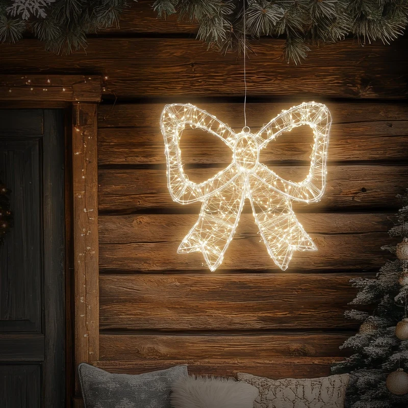 ECD Germany | LED Deko Schleife mit Timer 720 LED 46 cm Metall Warmweiß LED Schleife Weihnachten Weihnachtsdeko Weihnachtsbeleuchtung Außen