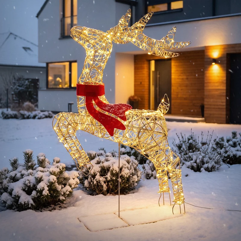 ECD Germany | LED Rentier Figur mit Timer Blinkfunktion 720 LED 91 cm Metall Gold Weihnachtsrentier Weihnachtsdeko Garten Weihnachtsbeleuchtung Außen