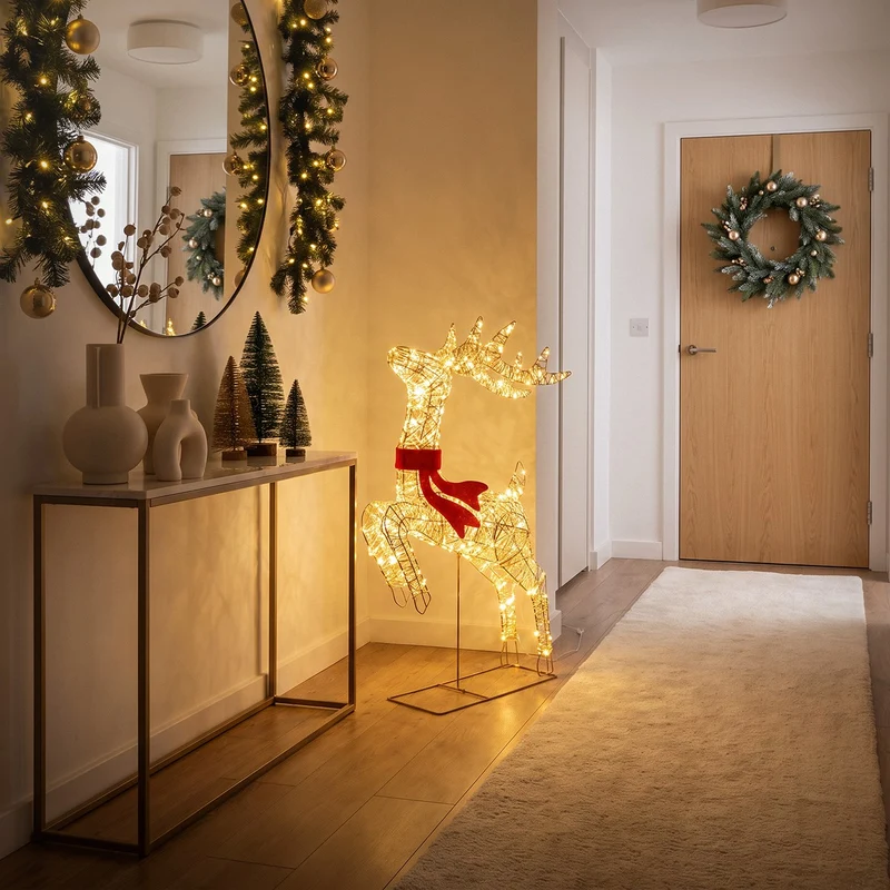 ECD Germany | LED Rentier Figur mit Timer Blinkfunktion 720 LED 91 cm Metall Gold Weihnachtsrentier Weihnachtsdeko Garten Weihnachtsbeleuchtung Außen