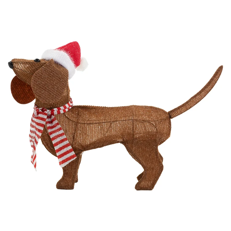 LED Dackel mit Mütze und Schal, 60x43 cm, batteriebetrieben, LED Weihnachtsdekoration, IP44 für Innen und Außen