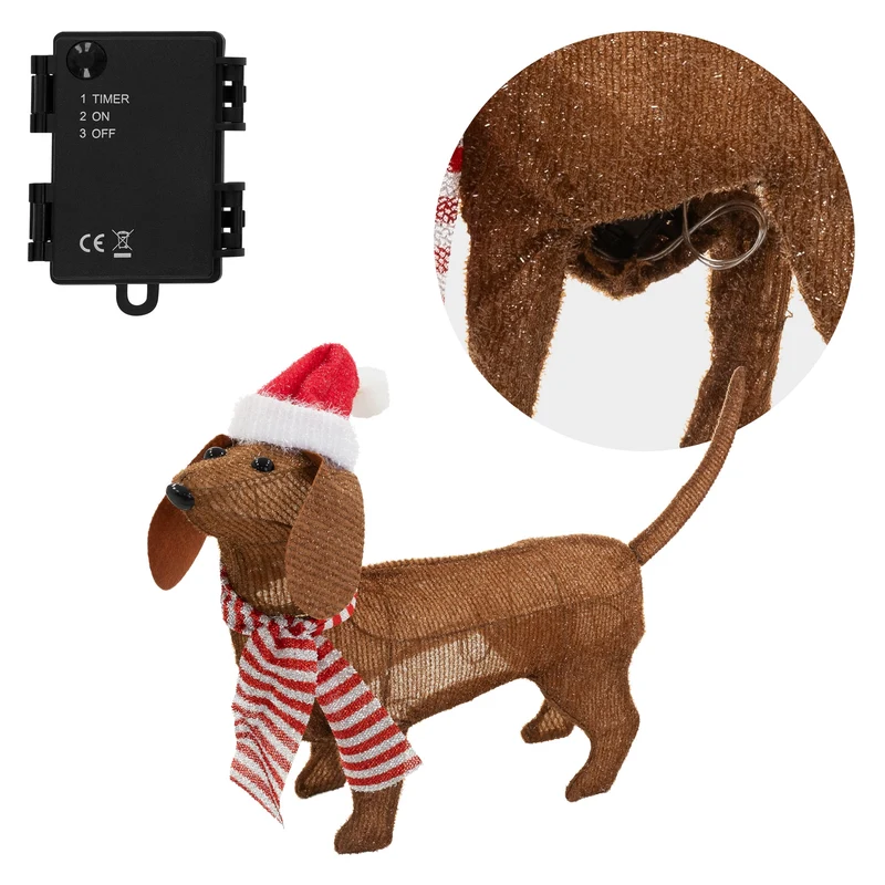 LED Dackel mit Mütze und Schal, 60x43 cm, batteriebetrieben, LED Weihnachtsdekoration, IP44 für Innen und Außen