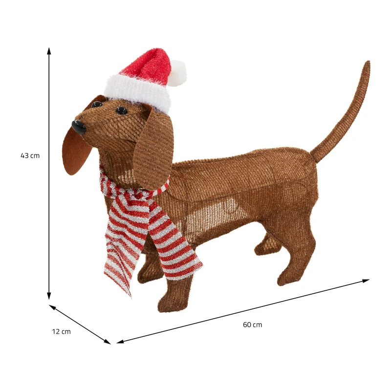 LED Dackel mit Mütze und Schal, 60x43 cm, batteriebetrieben, LED Weihnachtsdekoration, IP44 für Innen und Außen