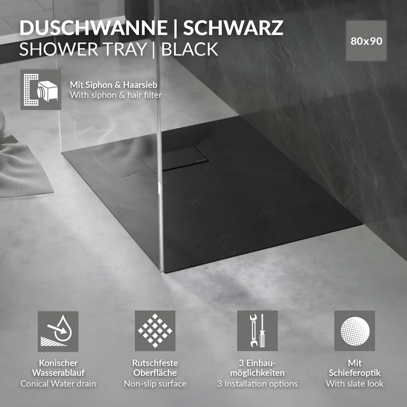 Duschwanne 90x80 cm, Schwarz, mit Anti-Rutsch-Oberfläche und Ablaufgarnitur, extra flach LuxeBath