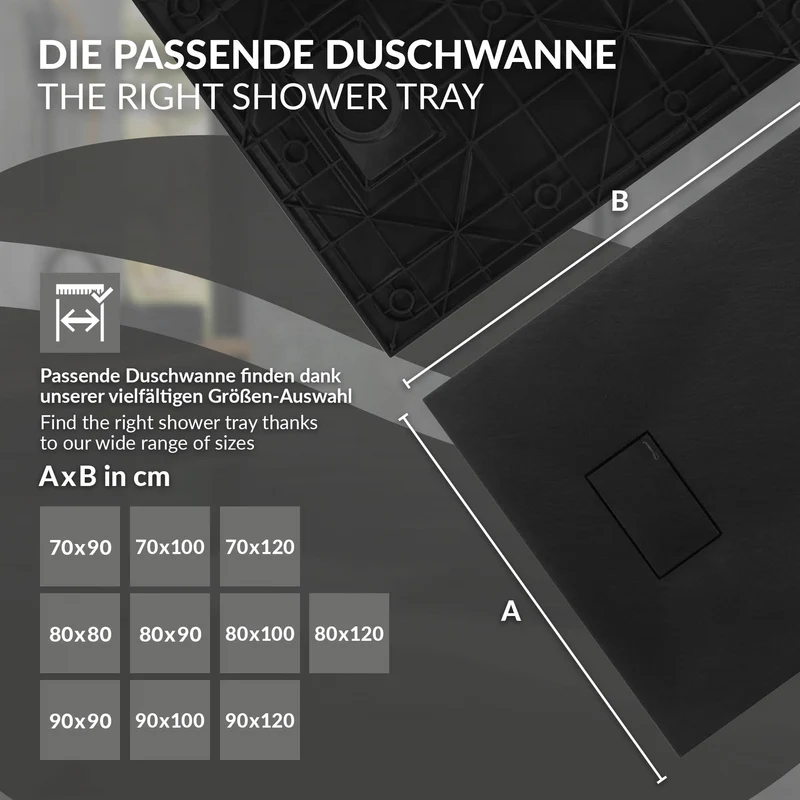 Duschwanne 90x80 cm, Schwarz, mit Anti-Rutsch-Oberfläche und Ablaufgarnitur, extra flach LuxeBath