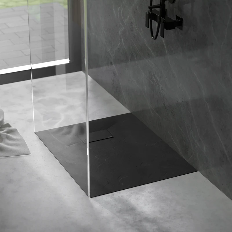 Duschwanne 90x80 cm, Schwarz, mit Anti-Rutsch-Oberfläche und Ablaufgarnitur, extra flach LuxeBath