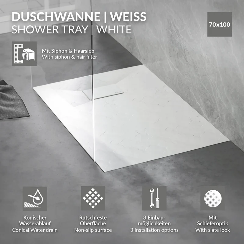 Duschwanne 100x70 cm, Weiß, mit Anti-Rutsch-Oberfläche und Ablaufgarnitur, extra flach LuxeBath