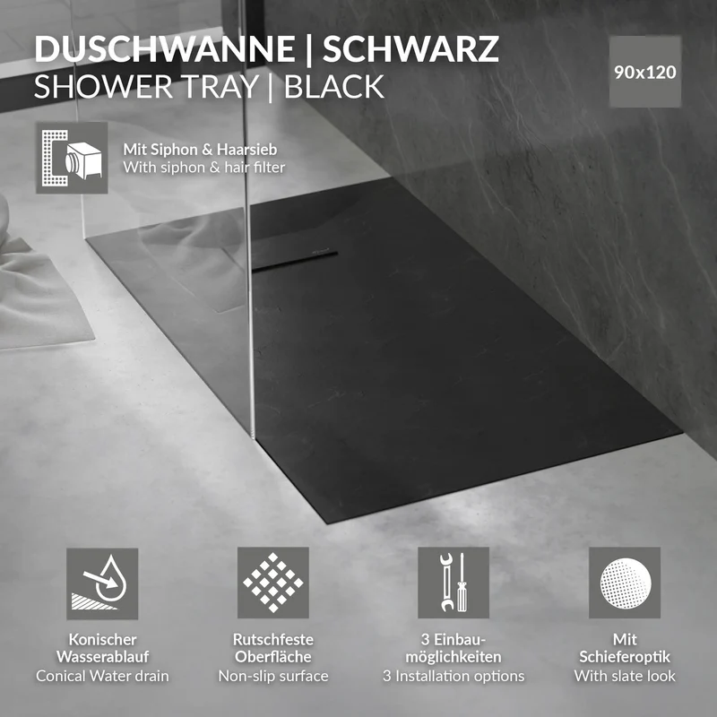 Duschwanne 120x90 cm, Schwarz, mit Anti-Rutsch-Oberfläche und Ablaufgarnitur, extra flach LuxeBath