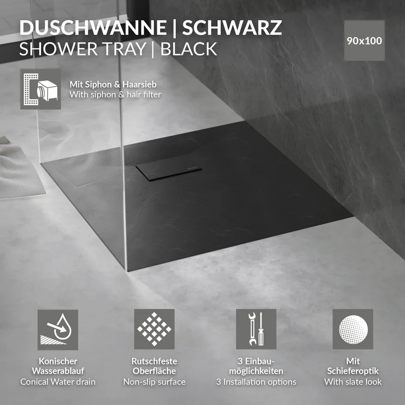 Duschwanne 100x90 cm, Schwarz, mit Anti-Rutsch-Oberfläche und Ablaufgarnitur, extra flach LuxeBath