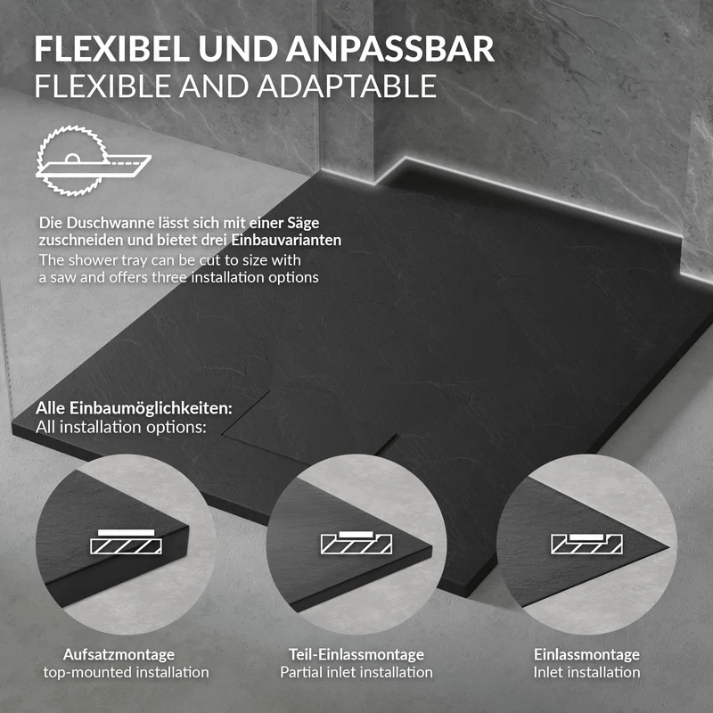 Duschwanne 100x90 cm, Schwarz, mit Anti-Rutsch-Oberfläche und Ablaufgarnitur, extra flach LuxeBath