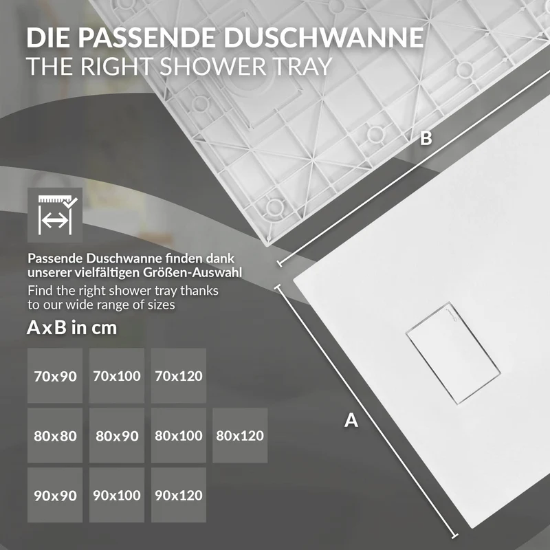 Duschwanne 100x90 cm, Weiß, mit Anti-Rutsch-Oberfläche und Ablaufgarnitur, extra flach LuxeBath