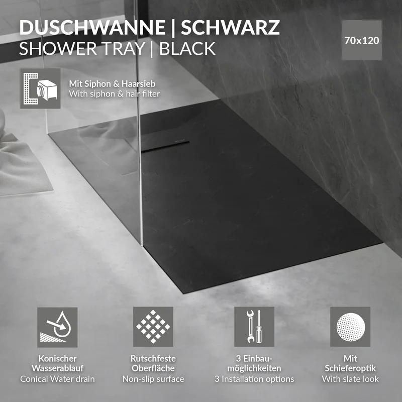 Duschwanne 120x70 cm, Schwarz, mit Anti-Rutsch-Oberfläche und Ablaufgarnitur, extra flach LuxeBath