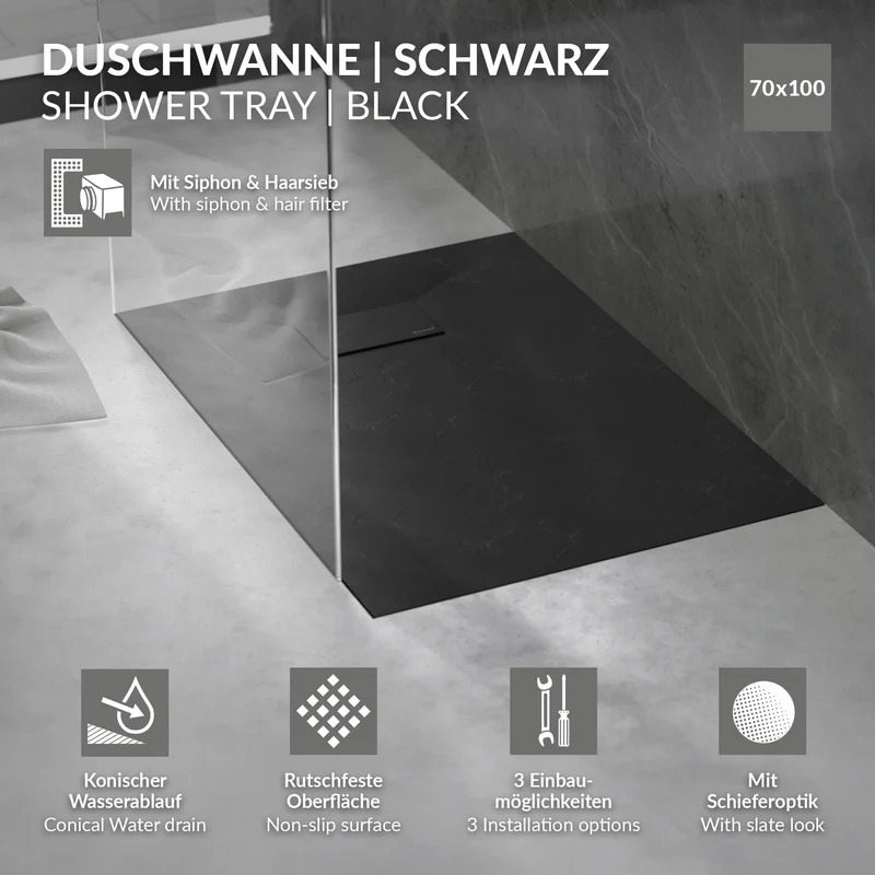 Duschwanne 100x70 cm, Schwarz, mit Anti-Rutsch-Oberfläche und Ablaufgarnitur, extra flach LuxeBath
