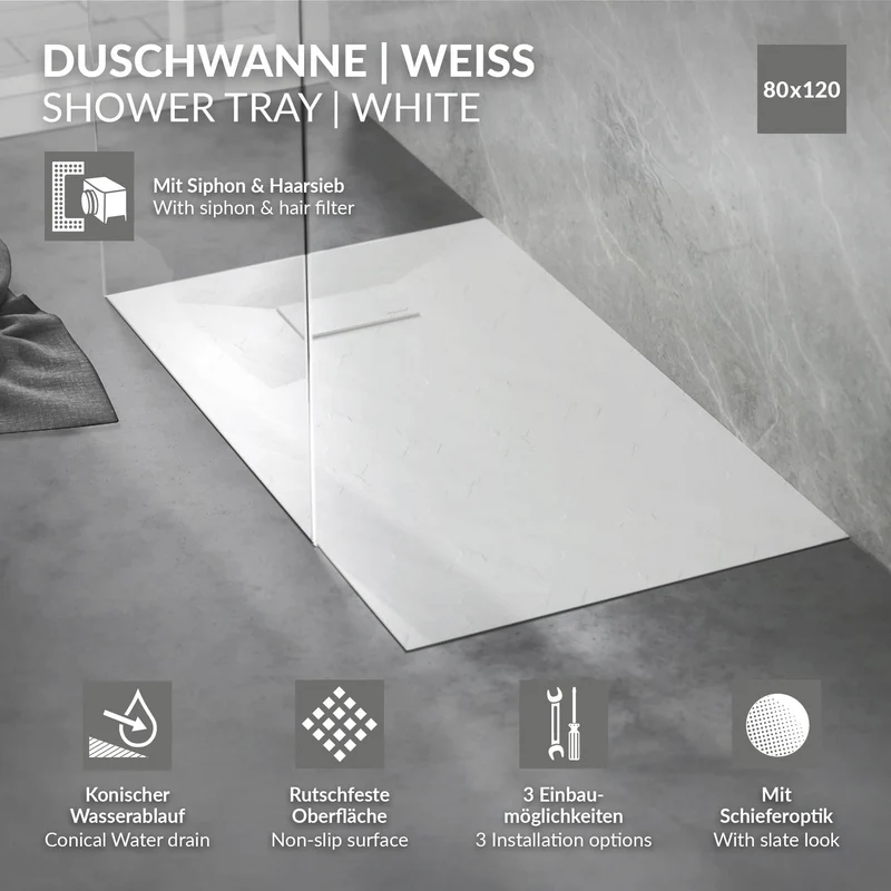 Duschwanne 120x80 cm, Weiß, mit Anti-Rutsch-Oberfläche und Ablaufgarnitur, extra flach LuxeBath