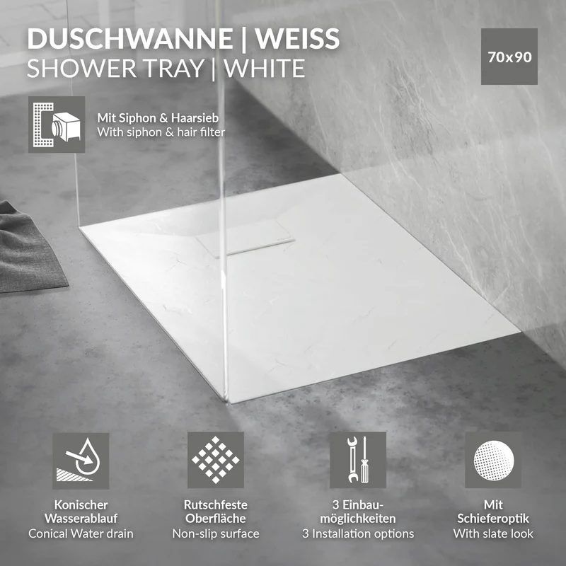 Duschwanne 90x70 cm, Weiß, mit Anti-Rutsch-Oberfläche und Ablaufgarnitur, extra flach LuxeBath
