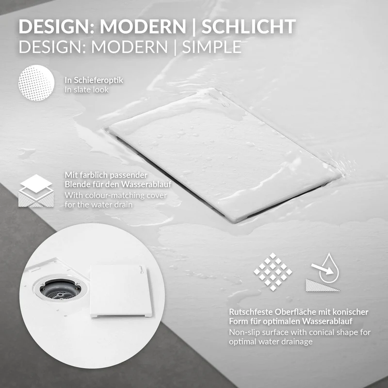 Duschwanne 90x70 cm, Weiß, mit Anti-Rutsch-Oberfläche und Ablaufgarnitur, extra flach LuxeBath