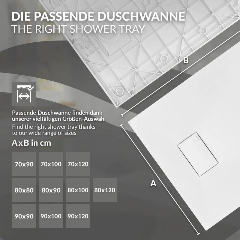 Duschwanne 90x70 cm, Weiß, mit Anti-Rutsch-Oberfläche und Ablaufgarnitur, extra flach LuxeBath