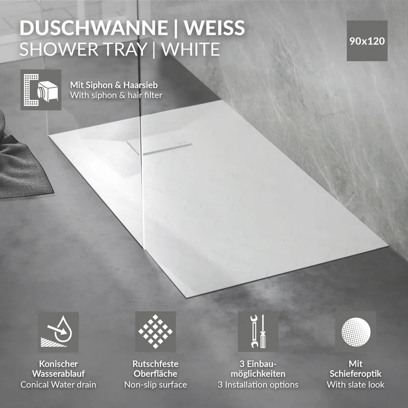 Duschwanne 120x90 cm, Weiß, mit Anti-Rutsch-Oberfläche und Ablaufgarnitur, extra flach LuxeBath