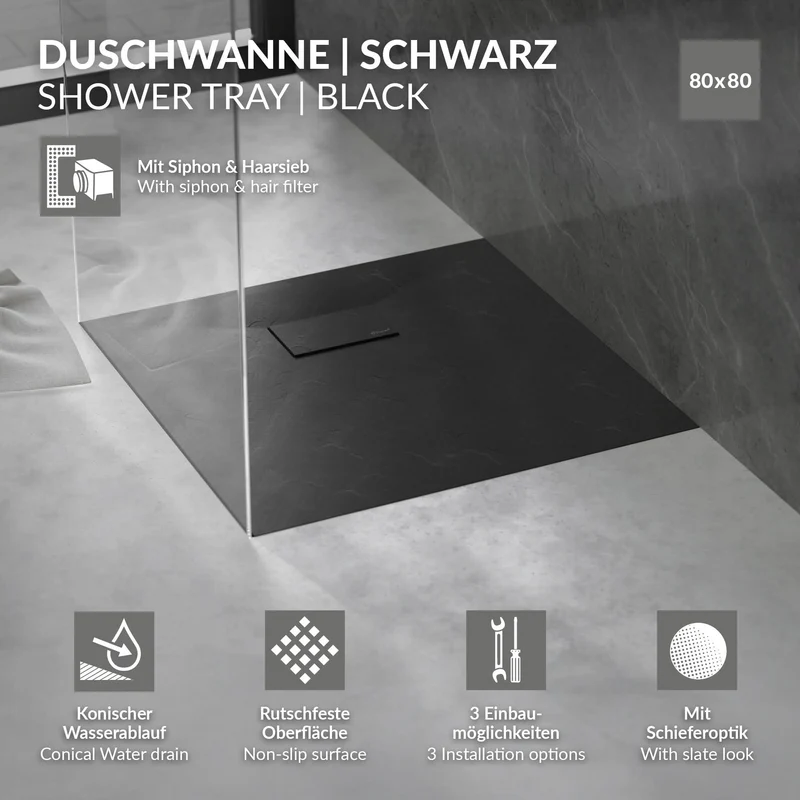 Duschwanne 80x80 cm, Schwarz, mit Anti-Rutsch-Oberfläche und Ablaufgarnitur, extra flach LuxeBath