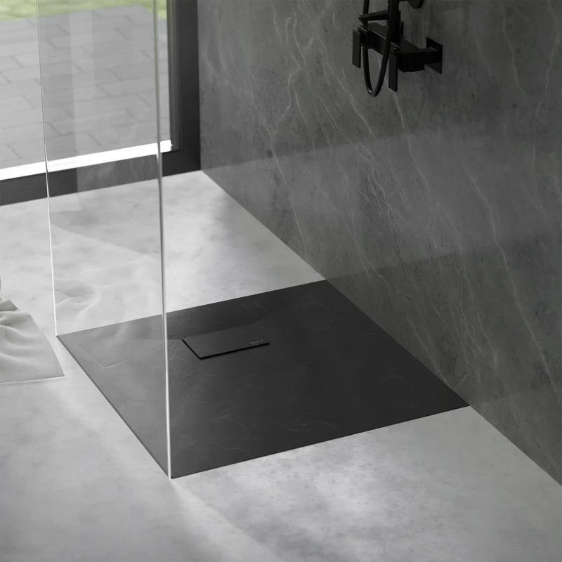 Duschwanne 80x80 cm, Schwarz, mit Anti-Rutsch-Oberfläche und Ablaufgarnitur, extra flach LuxeBath