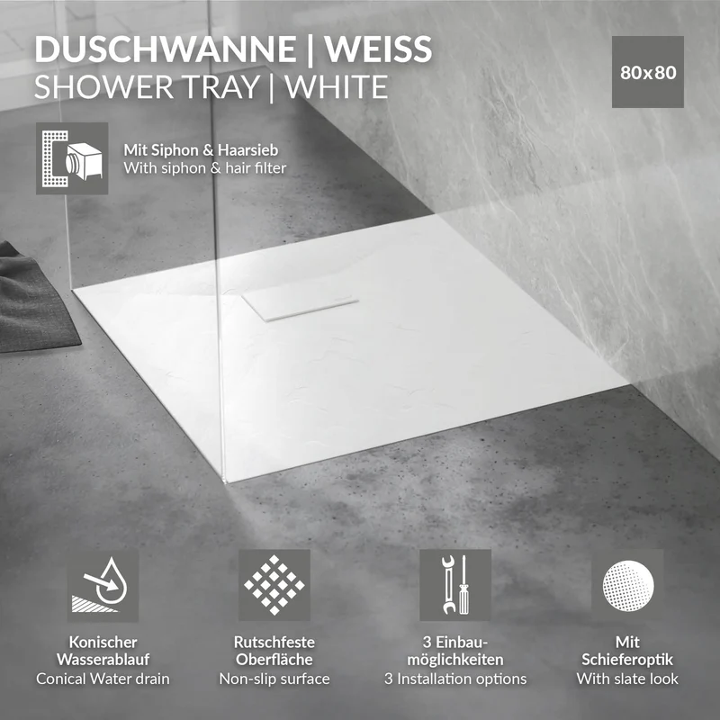 Duschwanne 80x80 cm, Weiß, mit Anti-Rutsch-Oberfläche und Ablaufgarnitur, extra flach LuxeBath