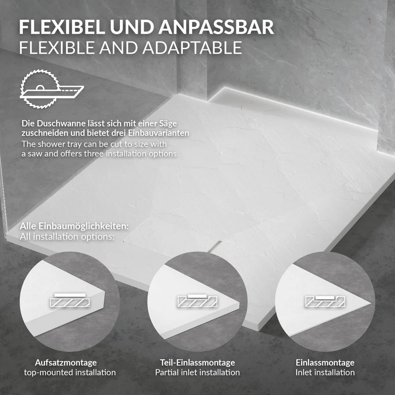 Duschwanne 80x80 cm, Weiß, mit Anti-Rutsch-Oberfläche und Ablaufgarnitur, extra flach LuxeBath