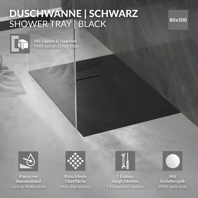 Duschwanne 100x80 cm, Schwarz, mit Anti-Rutsch-Oberfläche und Ablaufgarnitur, extra flach LuxeBath