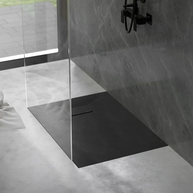 Duschwanne 100x80 cm, Schwarz, mit Anti-Rutsch-Oberfläche und Ablaufgarnitur, extra flach LuxeBath