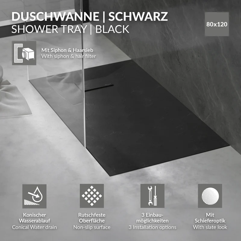 Duschwanne 120x80 cm, Schwarz, mit Anti-Rutsch-Oberfläche und Ablaufgarnitur, extra flach LuxeBath