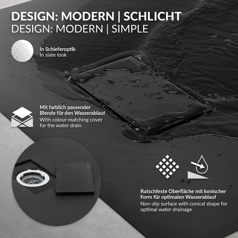 Duschwanne 120x80 cm, Schwarz, mit Anti-Rutsch-Oberfläche und Ablaufgarnitur, extra flach LuxeBath