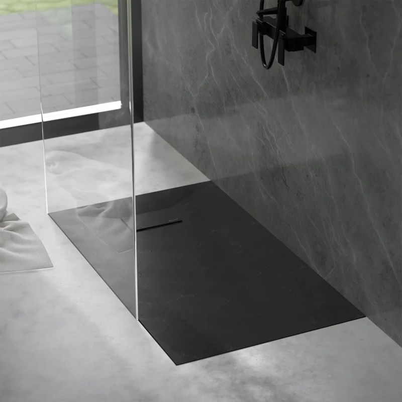Duschwanne 120x80 cm, Schwarz, mit Anti-Rutsch-Oberfläche und Ablaufgarnitur, extra flach LuxeBath