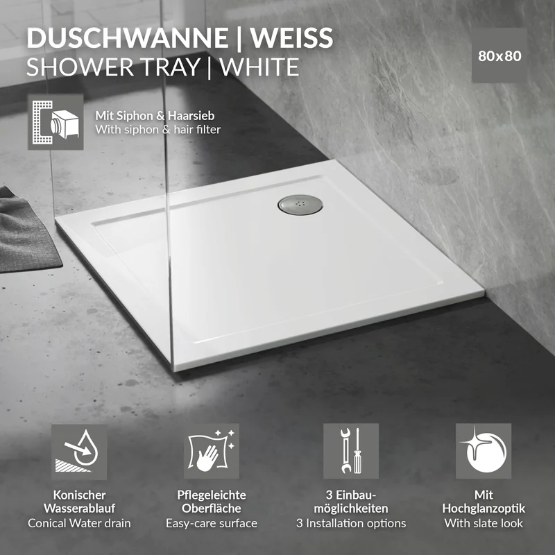 LuxeBath | Duschwanne mit Ablaufgarnitur 80x80 cm aus SMC Weiß Duschtasse Brausewanne eckig Komplett Set mit Siphon für Duschkabine