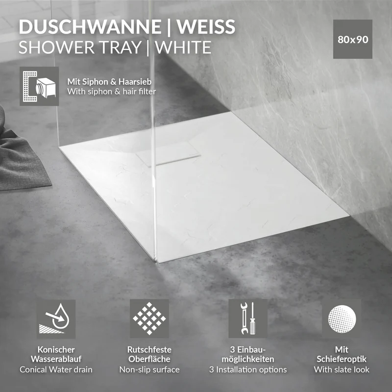 Duschwanne 90x80 cm, Weiß, mit Anti-Rutsch-Oberfläche und Ablaufgarnitur, extra flach LuxeBath