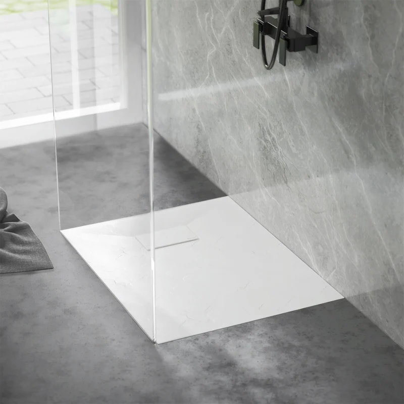 Duschwanne 90x80 cm, Weiß, mit Anti-Rutsch-Oberfläche und Ablaufgarnitur, extra flach LuxeBath