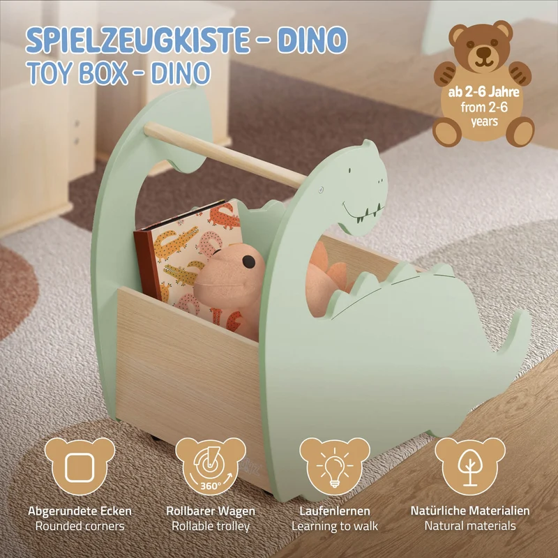 Kinder Spielzeugkiste Dino-Design Beige/Grün auf Rollen aus Holz Joyz