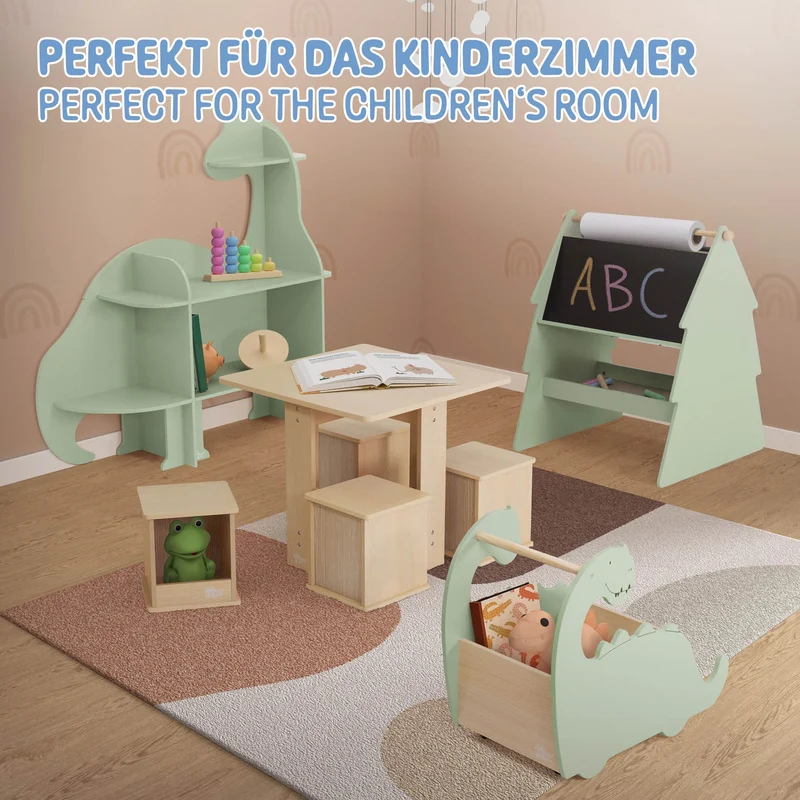 Kinder Spielzeugkiste Dino-Design Beige/Grün auf Rollen aus Holz Joyz