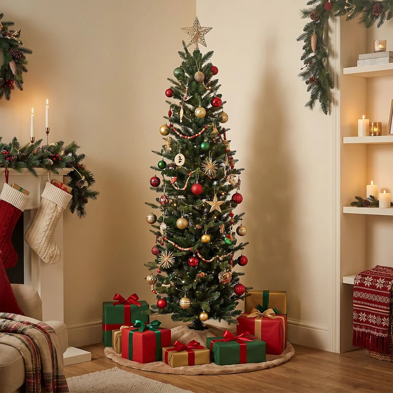 ECD Germany | Künstlicher Weihnachtsbaum Naturgetreu Kunststoff Grün Tannenbaum Christbaum mit Standfuß Weihnachtsdeko Innen Kunstbaum schmal