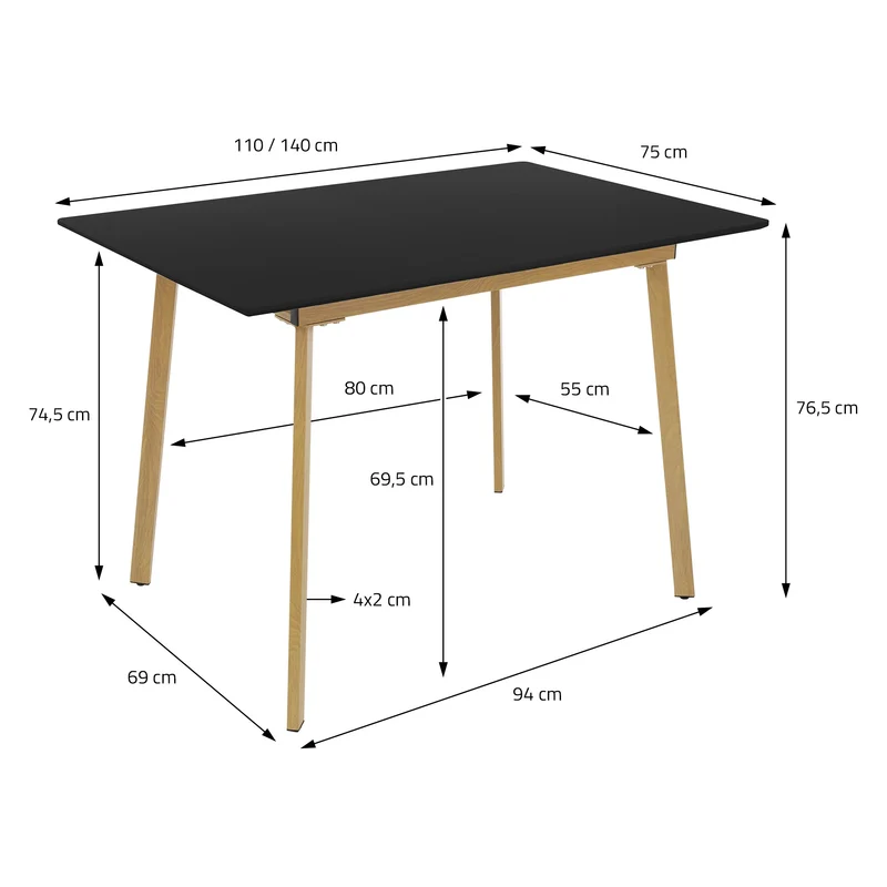 B-Ware Esstisch ausziehbar in Schwarz 110-140x75 cm aus Holz Esszimmertisch für 4-6 Personen ML-Design