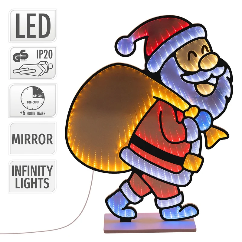 ECD Germany | Weihnachtsdeko Weihnachtsmann mit Geschenkesack LED Infinity Mirror 3D-Effekt 47x60 cm Weihnachtsbeleuchtung Innen Spiegel Lichterkette