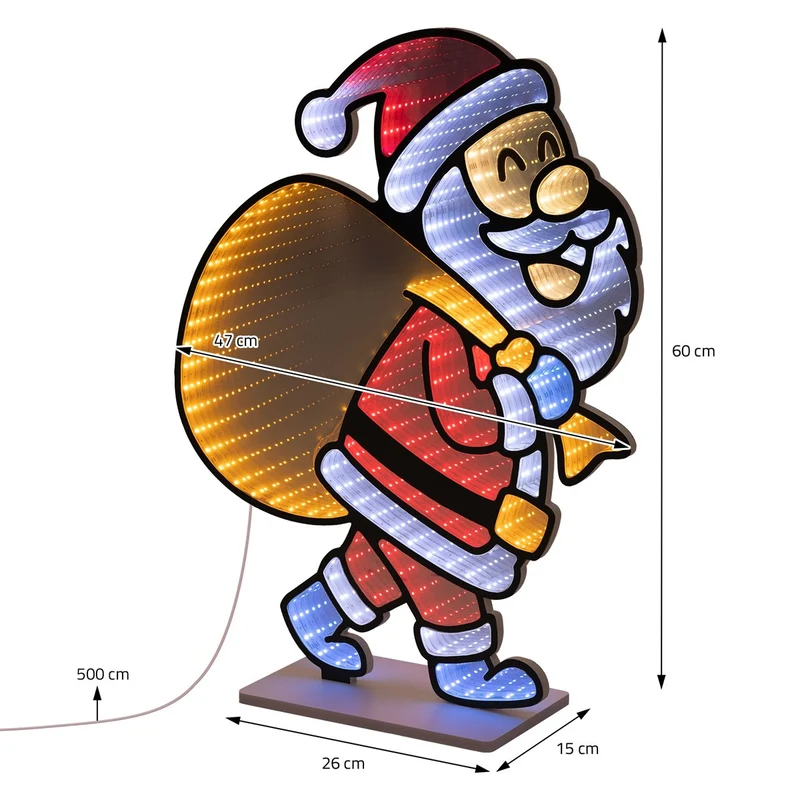 ECD Germany | Weihnachtsdeko Weihnachtsmann mit Geschenkesack LED Infinity Mirror 3D-Effekt 47x60 cm Weihnachtsbeleuchtung Innen Spiegel Lichterkette