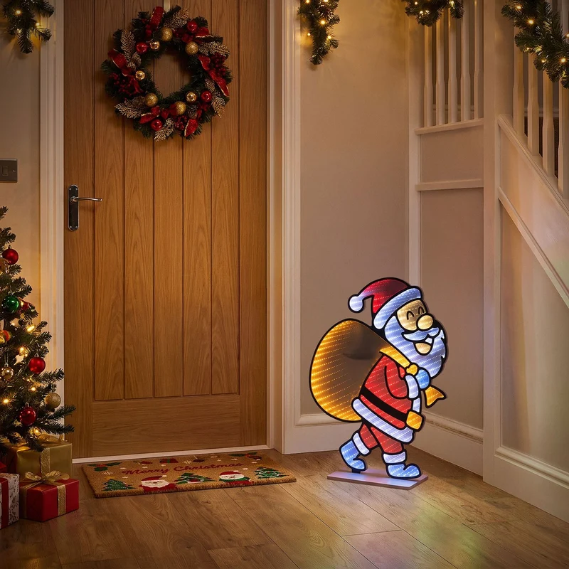 ECD Germany | Weihnachtsdeko Weihnachtsmann mit Geschenkesack LED Infinity Mirror 3D-Effekt 47x60 cm Weihnachtsbeleuchtung Innen Spiegel Lichterkette