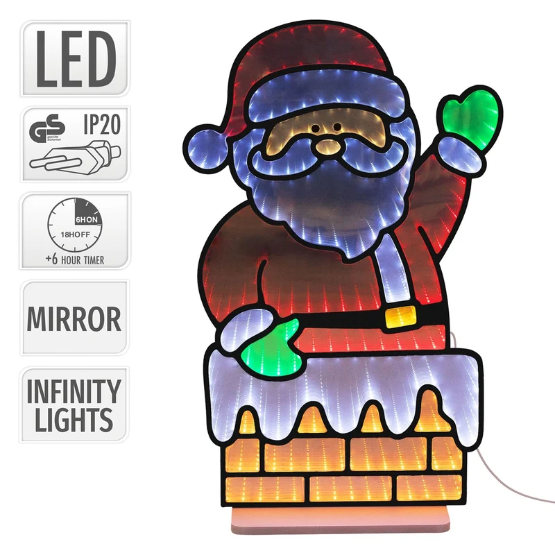 ECD Germany | Weihnachtsdeko Weihnachtsmann mit Kamin LED Infinity Mirror 38x60 cm, Weihnachtsbeleuchtung Innen, 3D Dekofigur, Spiegel Lichterkette