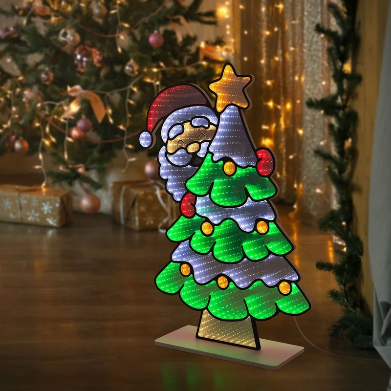 ECD Germany | Weihnachtsdeko Weihnachtsbaum mit Weihnachtsmann LED Infinity Mirror 58x80 cm Weihnachtsbeleuchtung Innen 3D Spiegel Lichterkette Timer