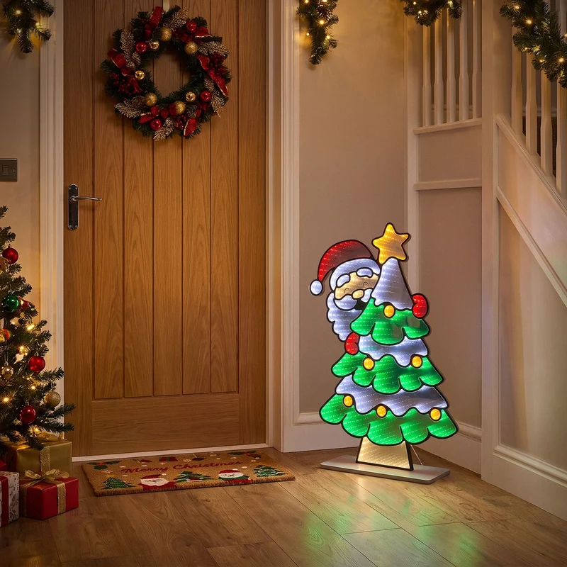 ECD Germany | Weihnachtsdeko Weihnachtsbaum mit Weihnachtsmann LED Infinity Mirror 58x80 cm Weihnachtsbeleuchtung Innen 3D Spiegel Lichterkette Timer