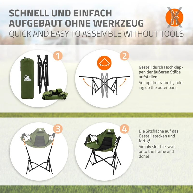 B-Ware Campingstuhl faltbar, Khaki, Outdoor Klappstuhl mit Stahlgestell, Getränkehalter, Nackenkissen & Tasche, Schaukelstuhl Angelstuhl