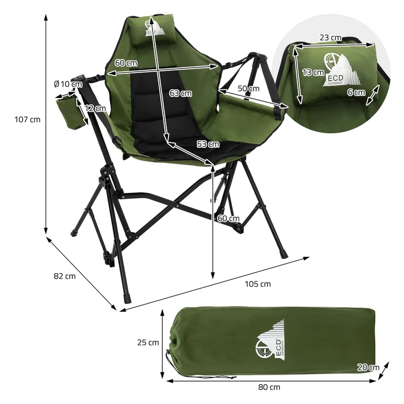 B-Ware Campingstuhl faltbar, Khaki, Outdoor Klappstuhl mit Stahlgestell, Getränkehalter, Nackenkissen & Tasche, Schaukelstuhl Angelstuhl