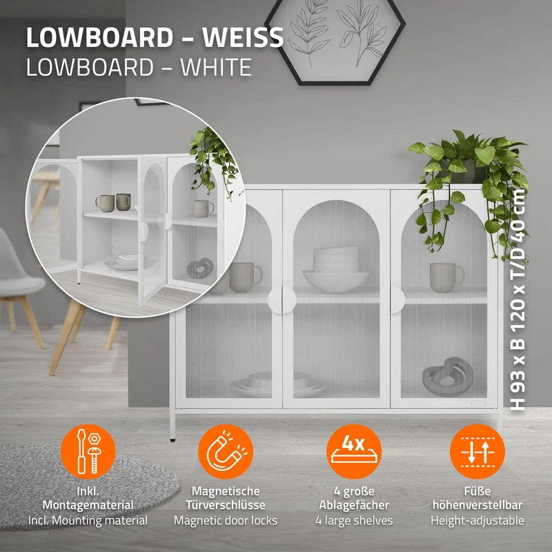 B-Ware Vitrinenschrank 120x93x40 cm Vitrine mit 4 Ablage-/Regalfächer Weiß aus Stahl ML-Design
