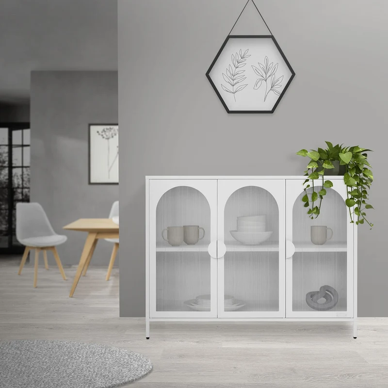 B-Ware Vitrinenschrank 120x93x40 cm Vitrine mit 4 Ablage-/Regalfächer Weiß aus Stahl ML-Design